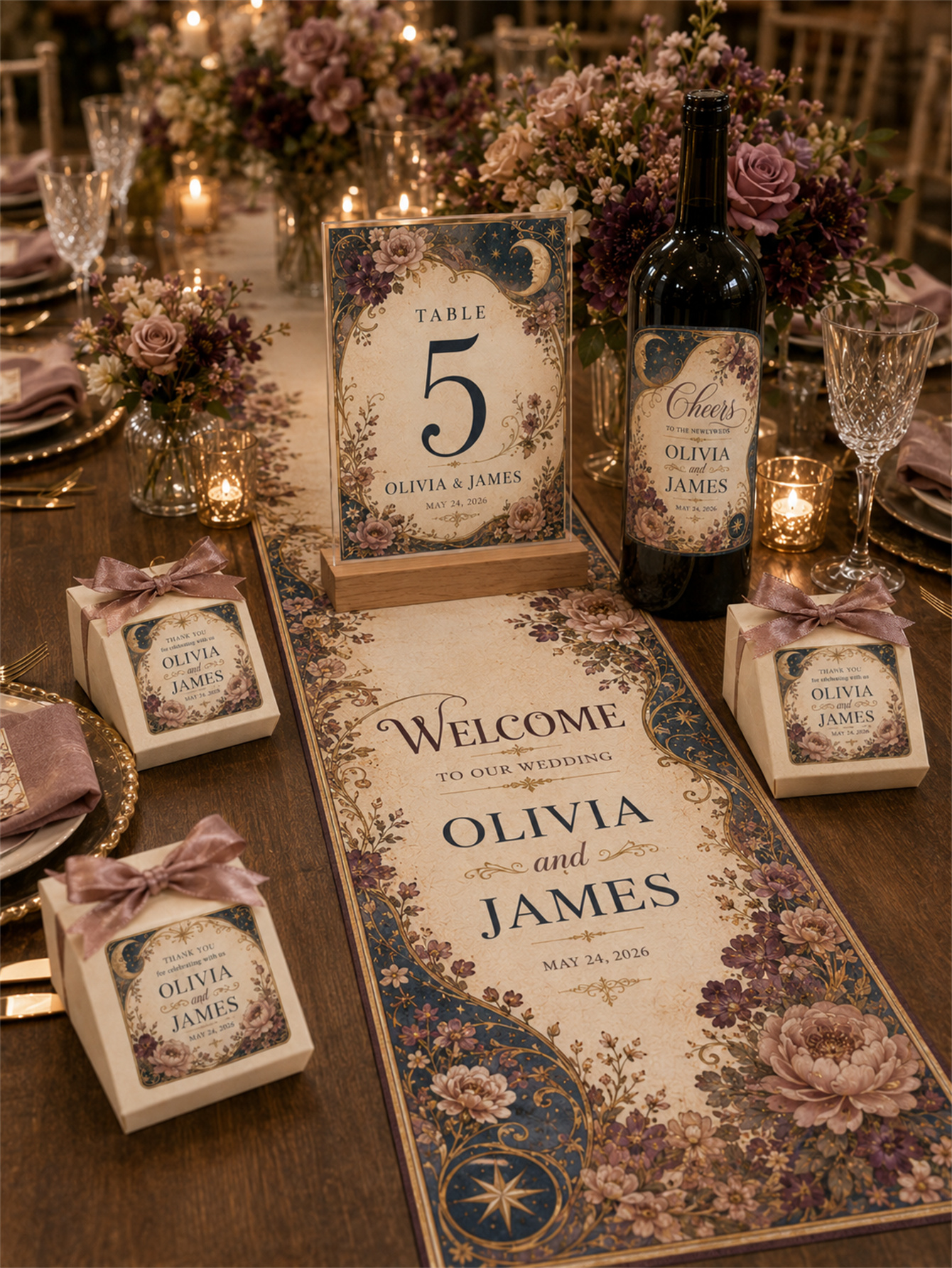 Celestial retro wedding decorations - moon and star Gothic romantic floral designs Navy blue, gold and Burgundy - custom names and dates